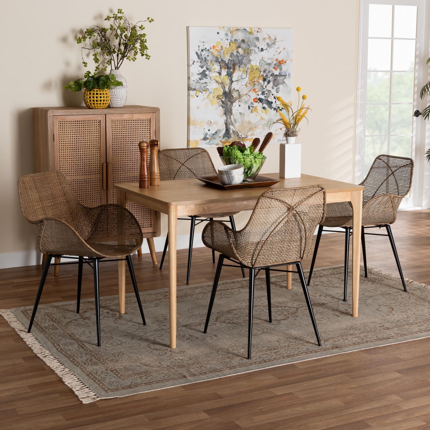 Ballerina Modern Bohemian Greywashed Rattan and Black Metal 5-Piece Dining Set FredCo