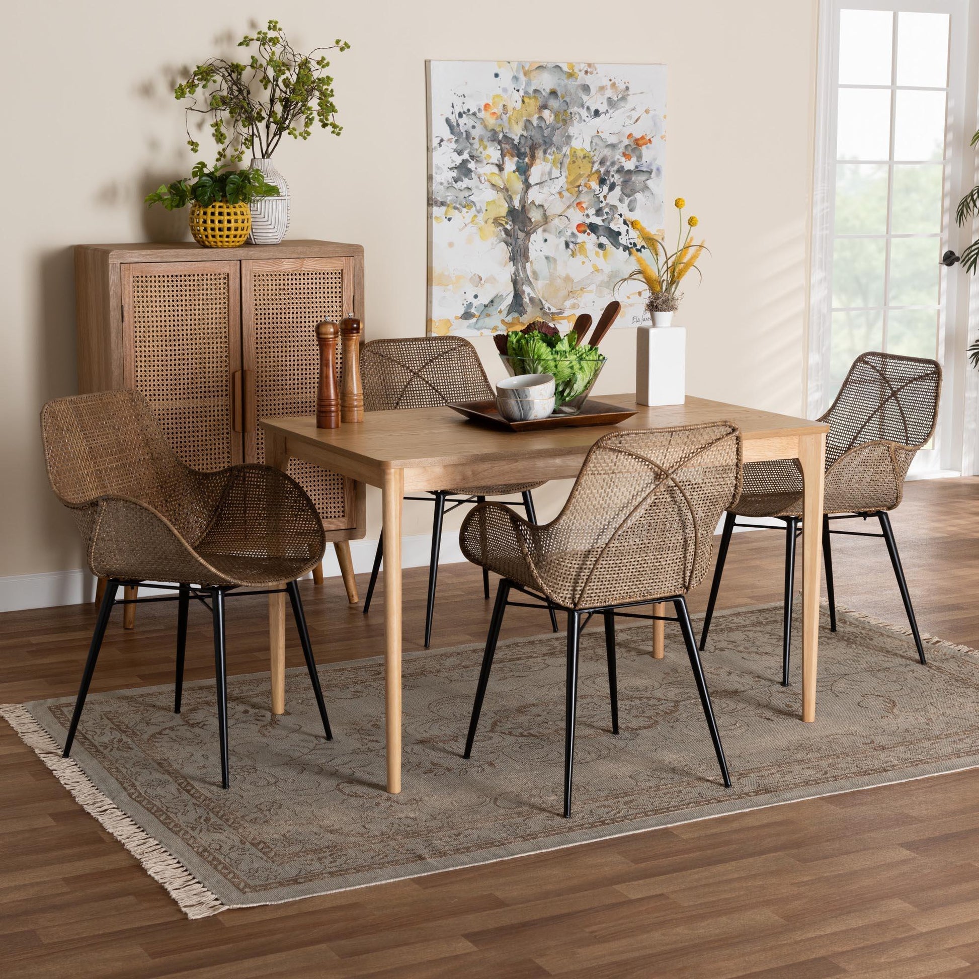 Ballerina Modern Bohemian Greywashed Rattan and Black Metal 5-Piece Dining Set FredCo