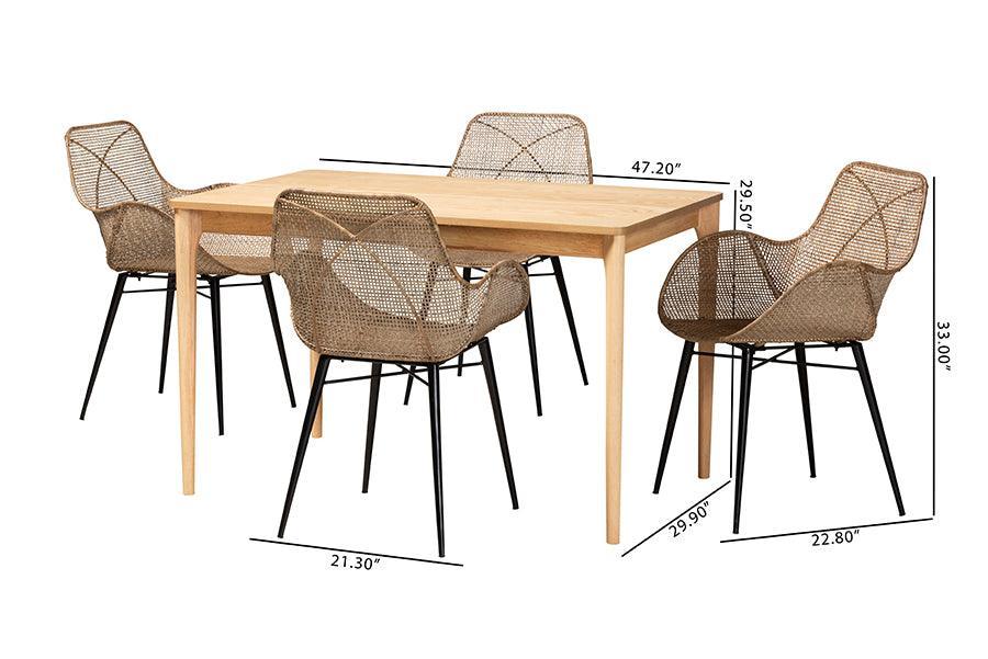 Ballerina Modern Bohemian Greywashed Rattan and Black Metal 5-Piece Dining Set FredCo