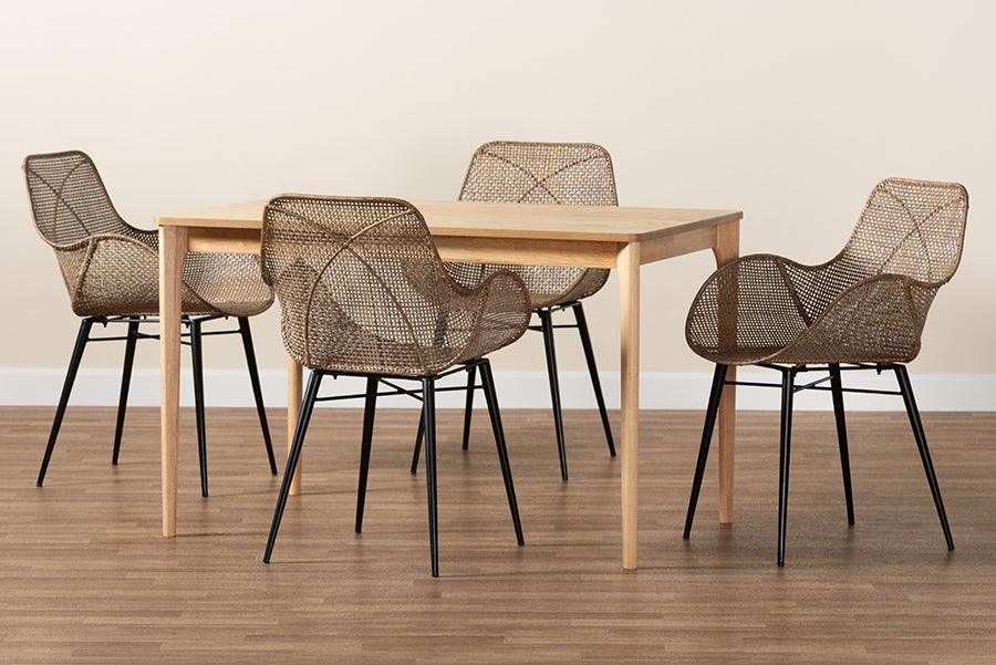 Ballerina Modern Bohemian Greywashed Rattan and Black Metal 5-Piece Dining Set FredCo