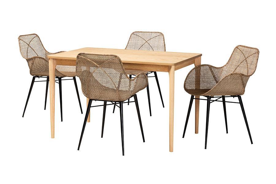 Ballerina Modern Bohemian Greywashed Rattan and Black Metal 5-Piece Dining Set FredCo