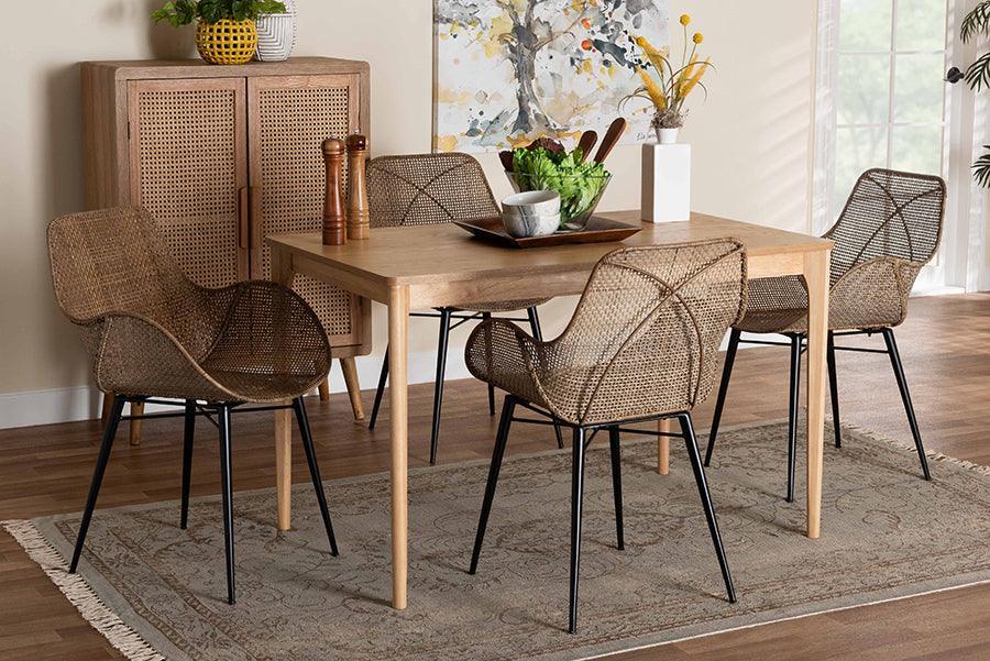 Ballerina Modern Bohemian Greywashed Rattan and Black Metal 5-Piece Dining Set FredCo