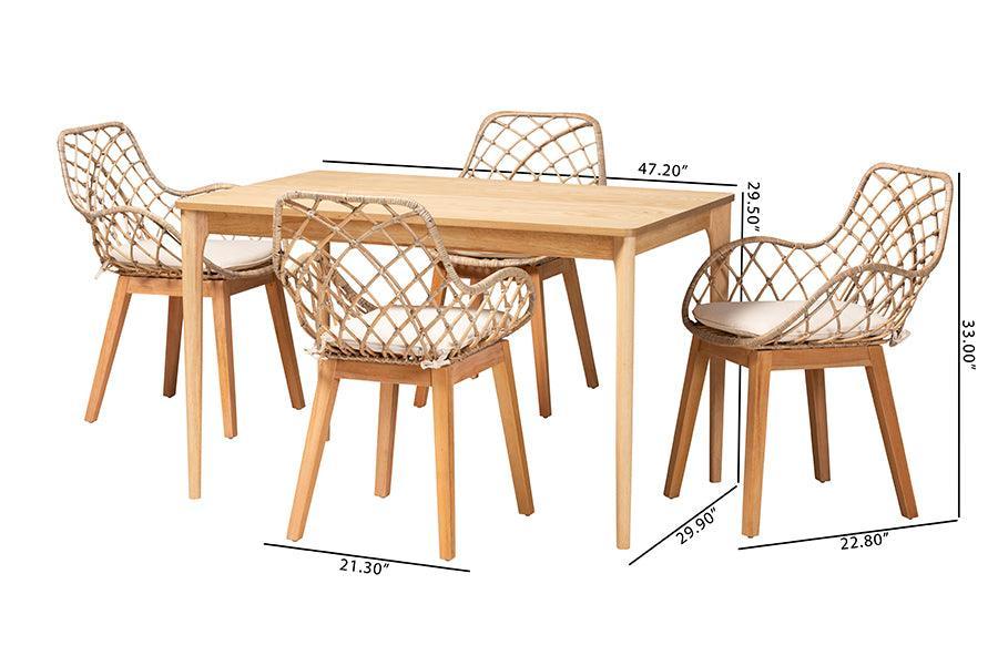 Ballerina Modern Bohemian Greywashed Rattan and Natural Brown Finished Mahogany Wood 5-Piece Dining Set FredCo