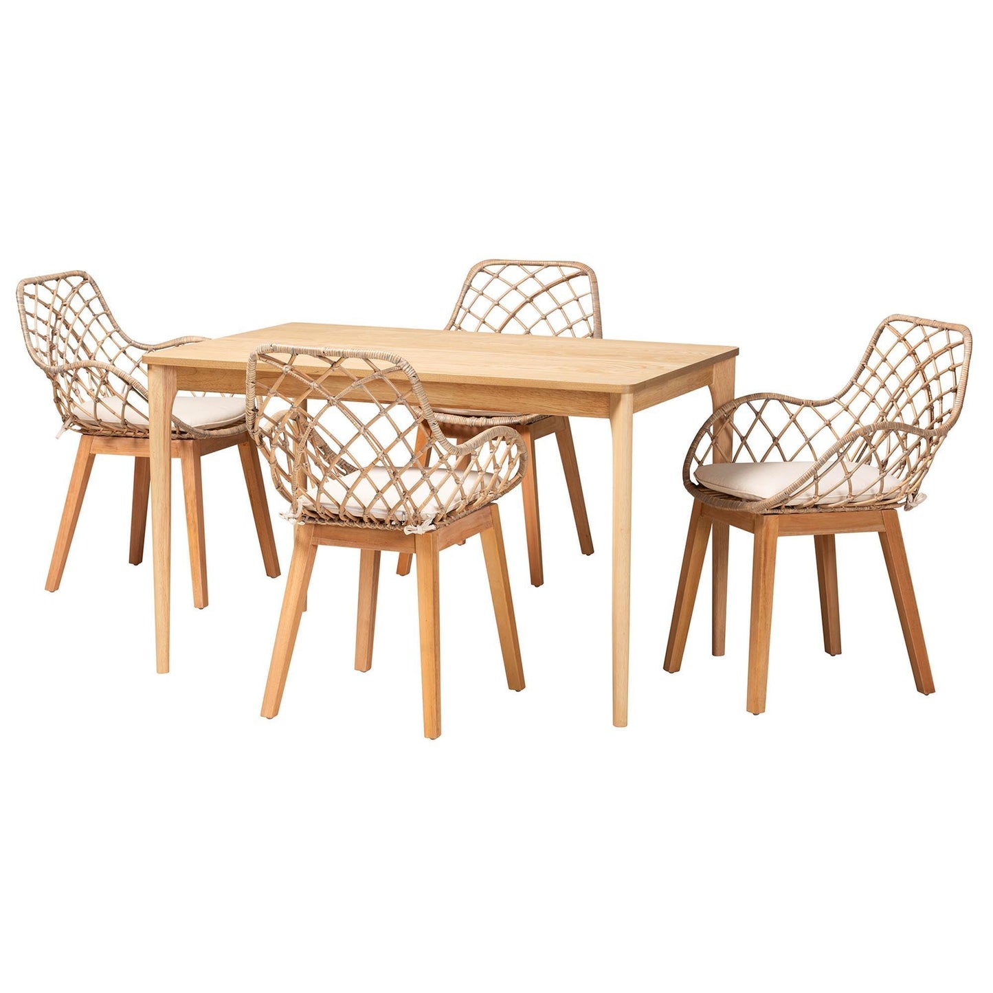 Ballerina Modern Bohemian Greywashed Rattan and Natural Brown Finished Mahogany Wood 5-Piece Dining Set FredCo