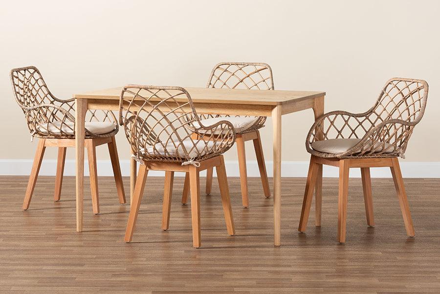 Ballerina Modern Bohemian Greywashed Rattan and Natural Brown Finished Mahogany Wood 5-Piece Dining Set FredCo