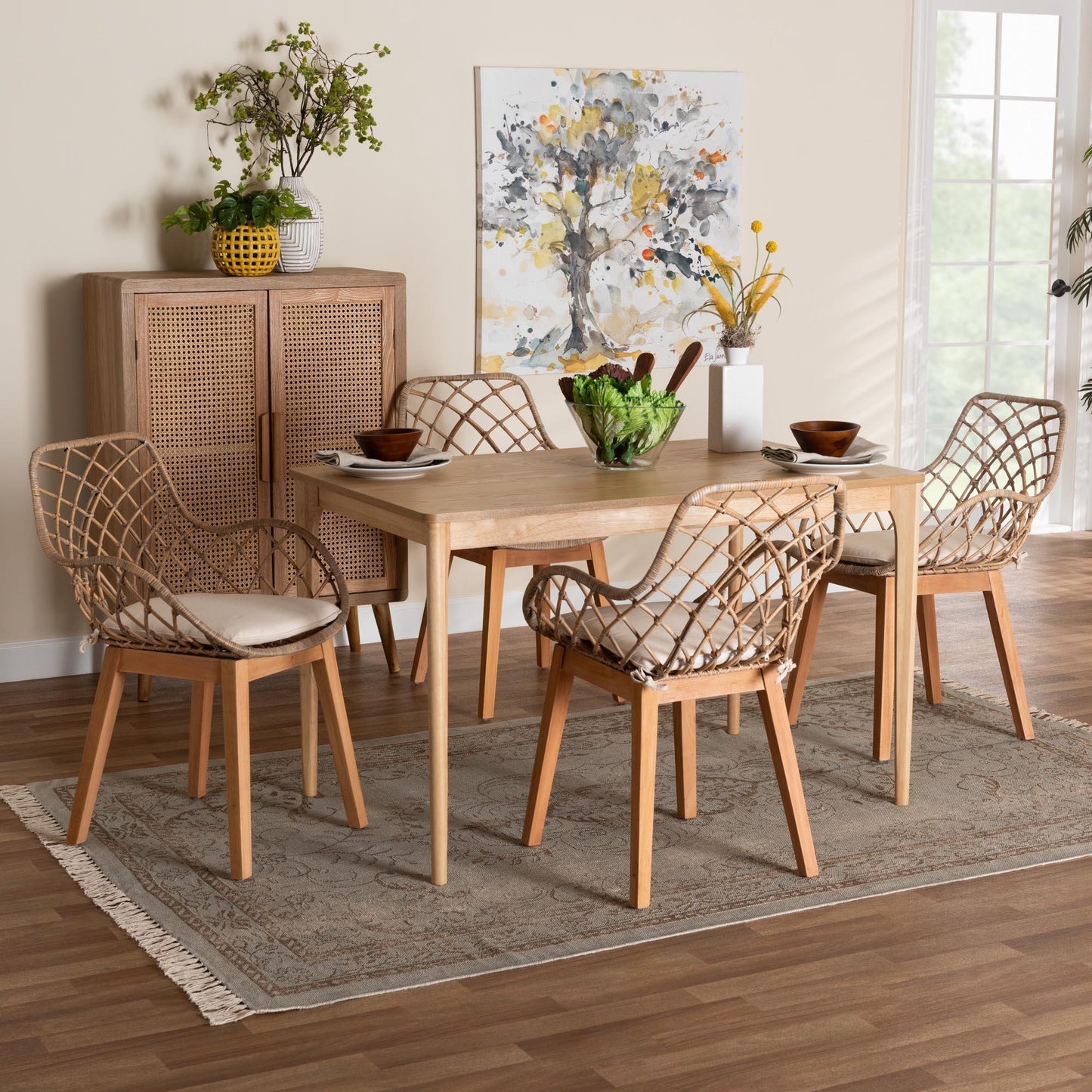 Ballerina Modern Bohemian Greywashed Rattan and Natural Brown Finished Mahogany Wood 5-Piece Dining Set FredCo