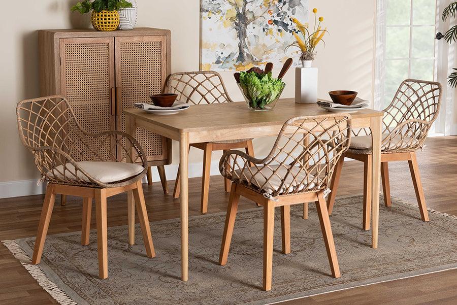 Ballerina Modern Bohemian Greywashed Rattan and Natural Brown Finished Mahogany Wood 5-Piece Dining Set FredCo