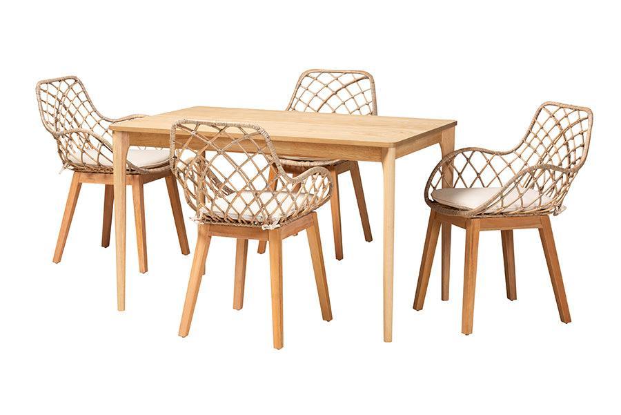 Ballerina Modern Bohemian Greywashed Rattan and Natural Brown Finished Mahogany Wood 5-Piece Dining Set FredCo