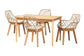 Ballerina Modern Bohemian Greywashed Rattan and Natural Brown Finished Mahogany Wood 5-Piece Dining Set FredCo