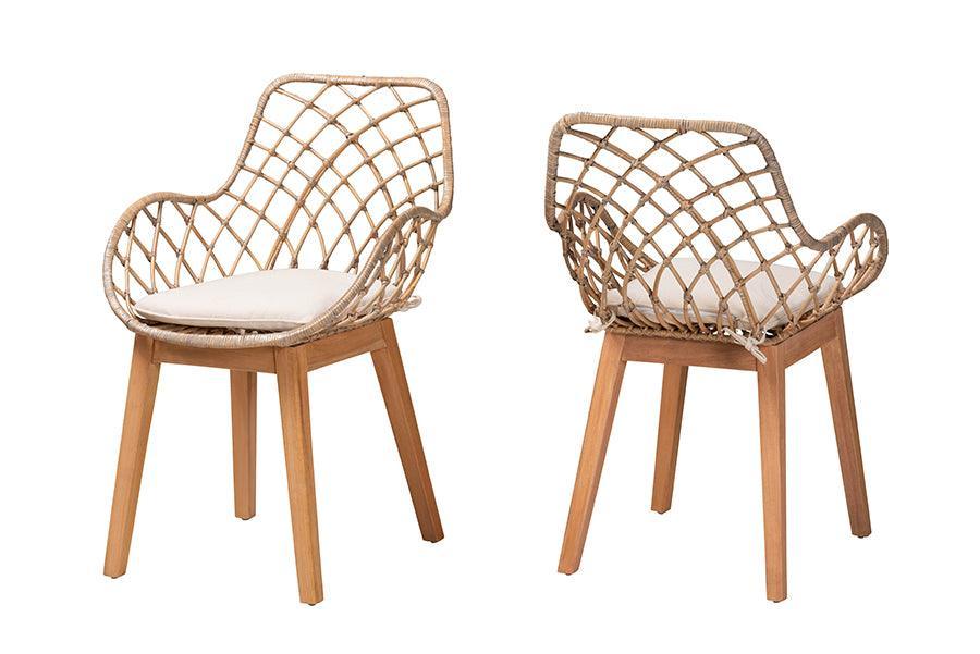 Ballerina Modern Bohemian Greywashed Rattan and Natural Brown Finished Wood 2-Piece Dining Chair Set FredCo