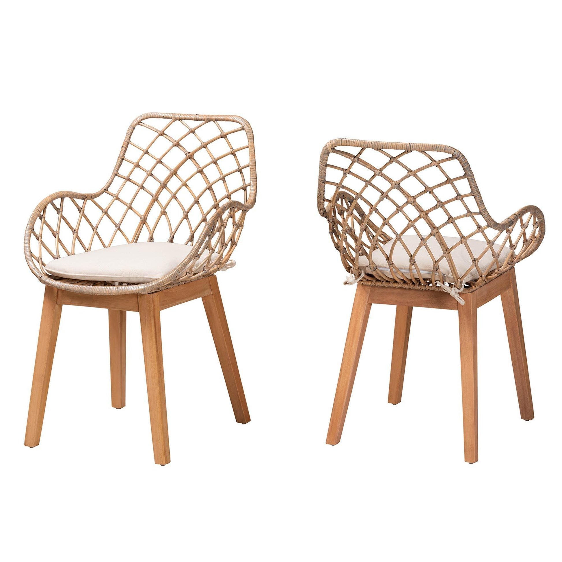 Ballerina Modern Bohemian Greywashed Rattan and Natural Brown Finished Wood 2-Piece Dining Chair Set FredCo