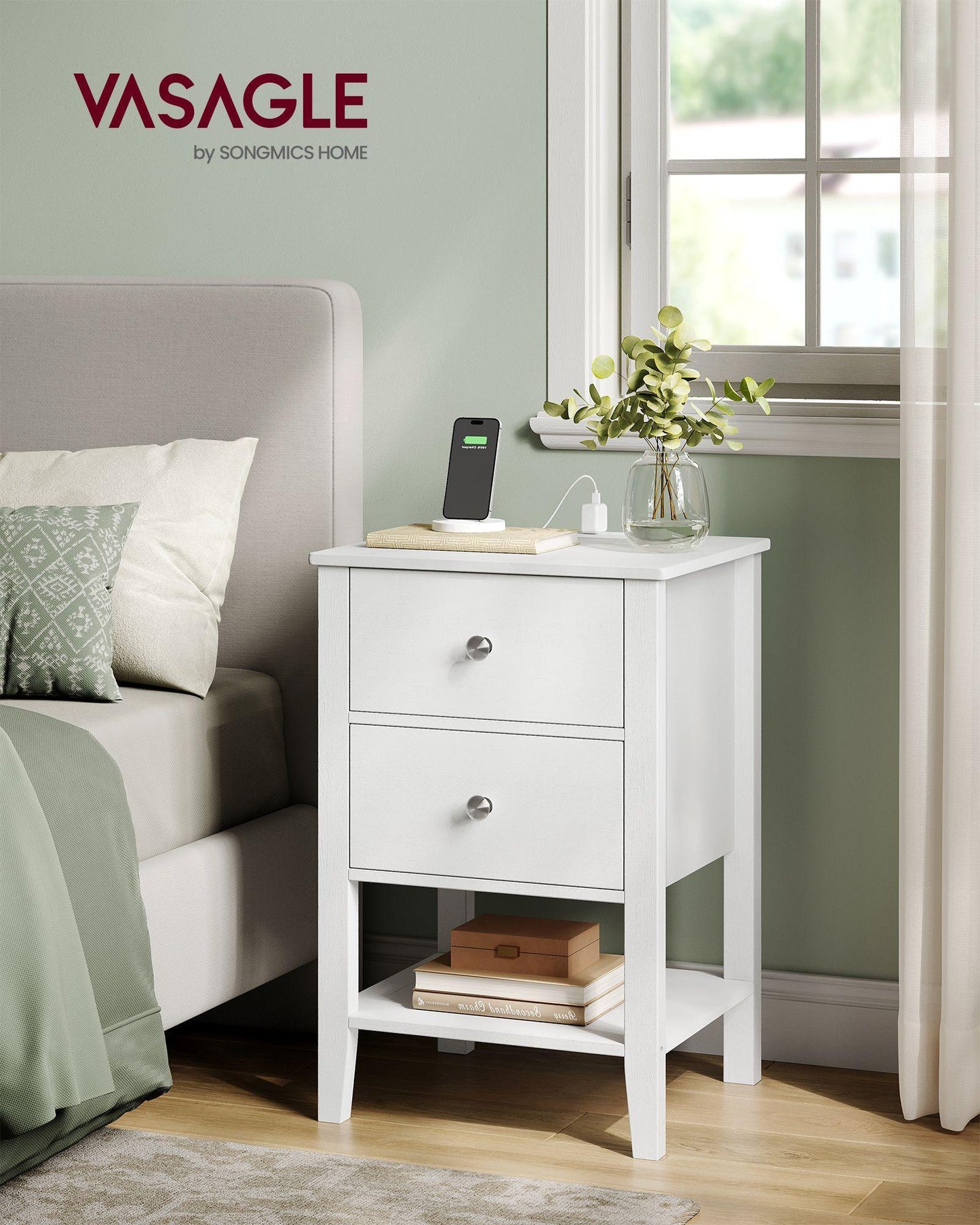 Bamboo Nightstand with Charging Station Cloud White FredCo