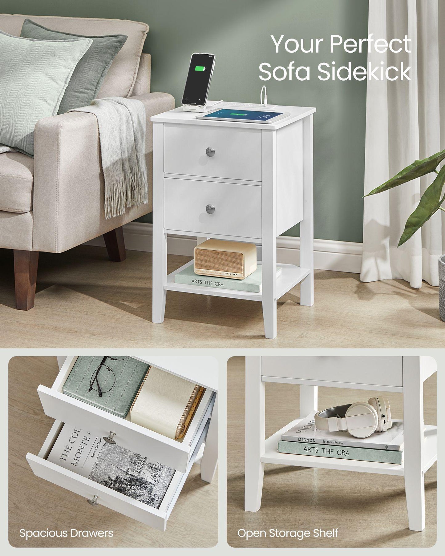 Bamboo Nightstand with Charging Station Cloud White FredCo