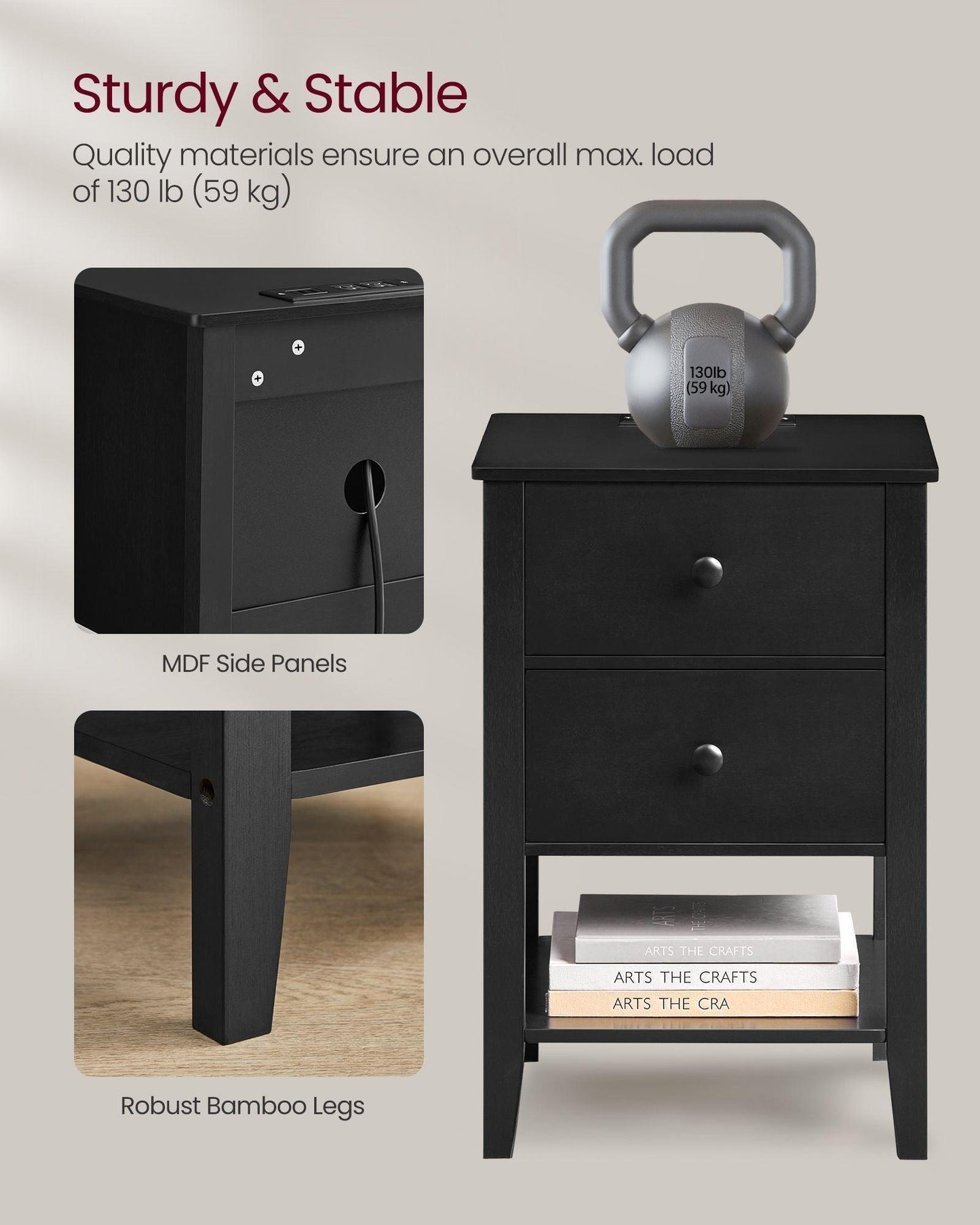 Bamboo Nightstand with Charging Station Ink Black FredCo