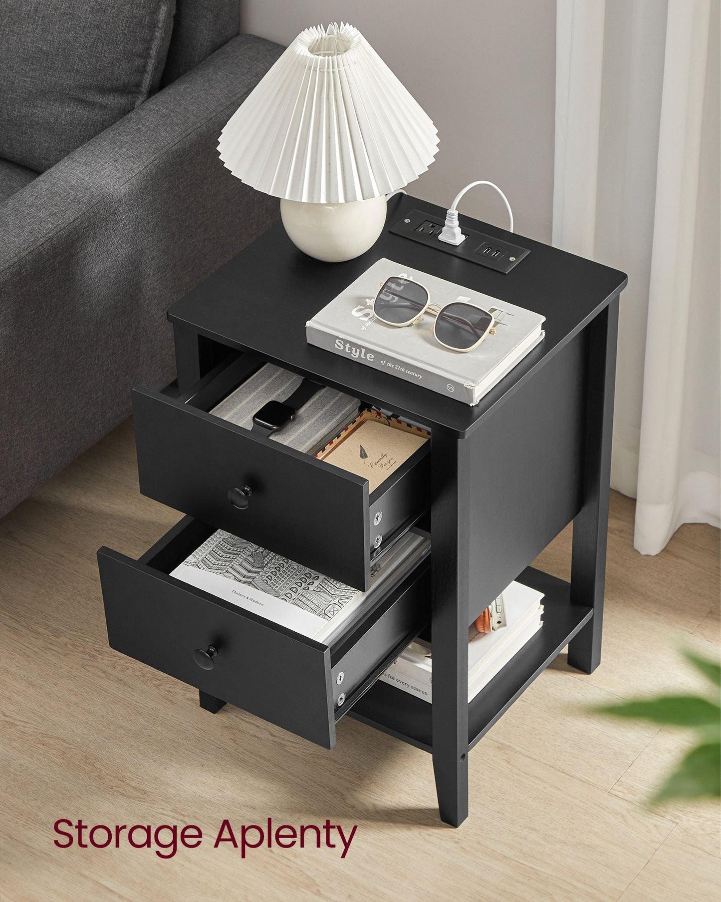 Bamboo Nightstand with Charging Station Ink Black FredCo