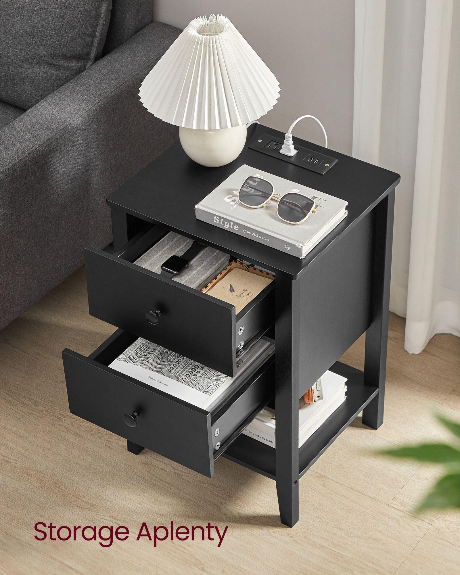 Bamboo Nightstand with Charging Station Ink Black FredCo