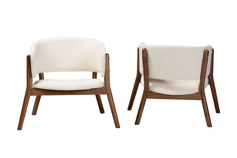 Baron Mid-Century Modern Cream Boucle Fabric Upholstered and Walnut Brown Finished Wood 2-Piece Living Room Accent Chair Set FredCo