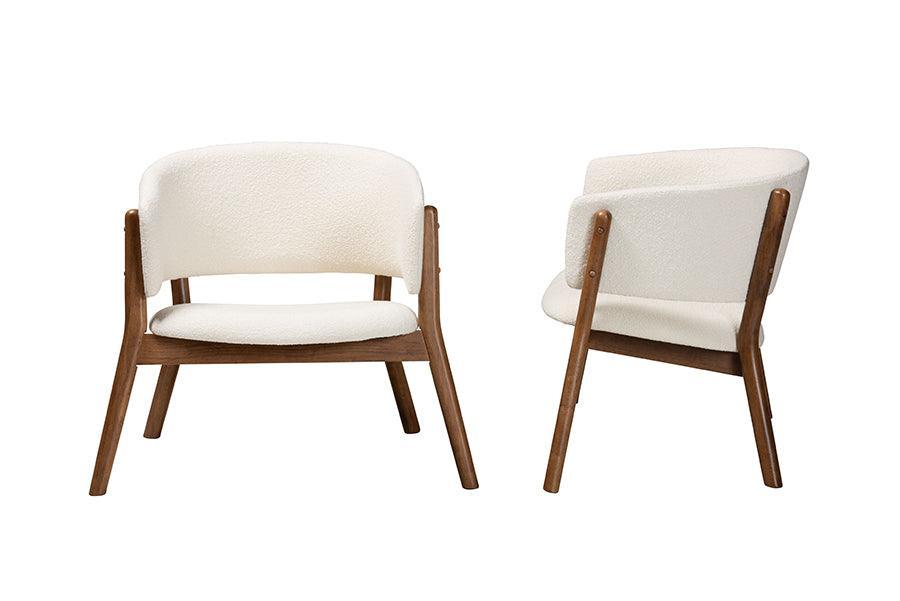 Baron Mid-Century Modern Cream Boucle Fabric Upholstered and Walnut Brown Finished Wood 2-Piece Living Room Accent Chair Set FredCo