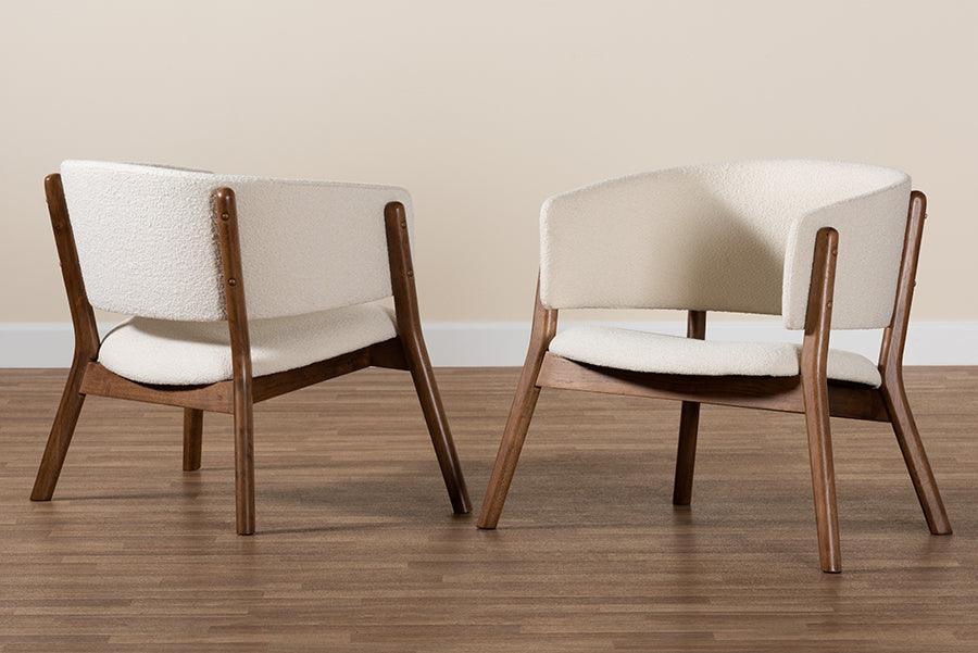 Baron Mid-Century Modern Cream Boucle Fabric Upholstered and Walnut Brown Finished Wood 2-Piece Living Room Accent Chair Set FredCo