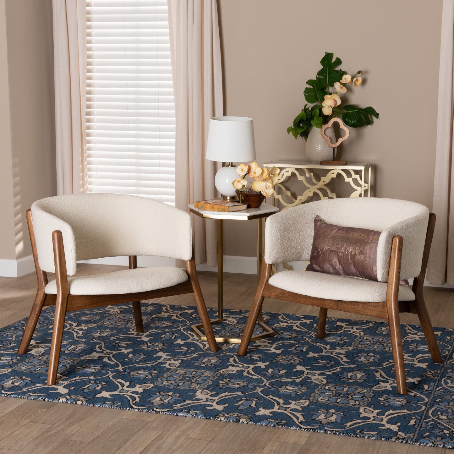 Baron Mid-Century Modern Cream Boucle Fabric Upholstered and Walnut Brown Finished Wood 2-Piece Living Room Accent Chair Set FredCo