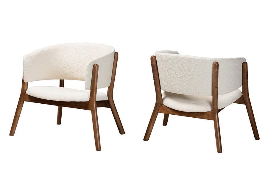 Baron Mid-Century Modern Cream Boucle Fabric Upholstered and Walnut Brown Finished Wood 2-Piece Living Room Accent Chair Set FredCo
