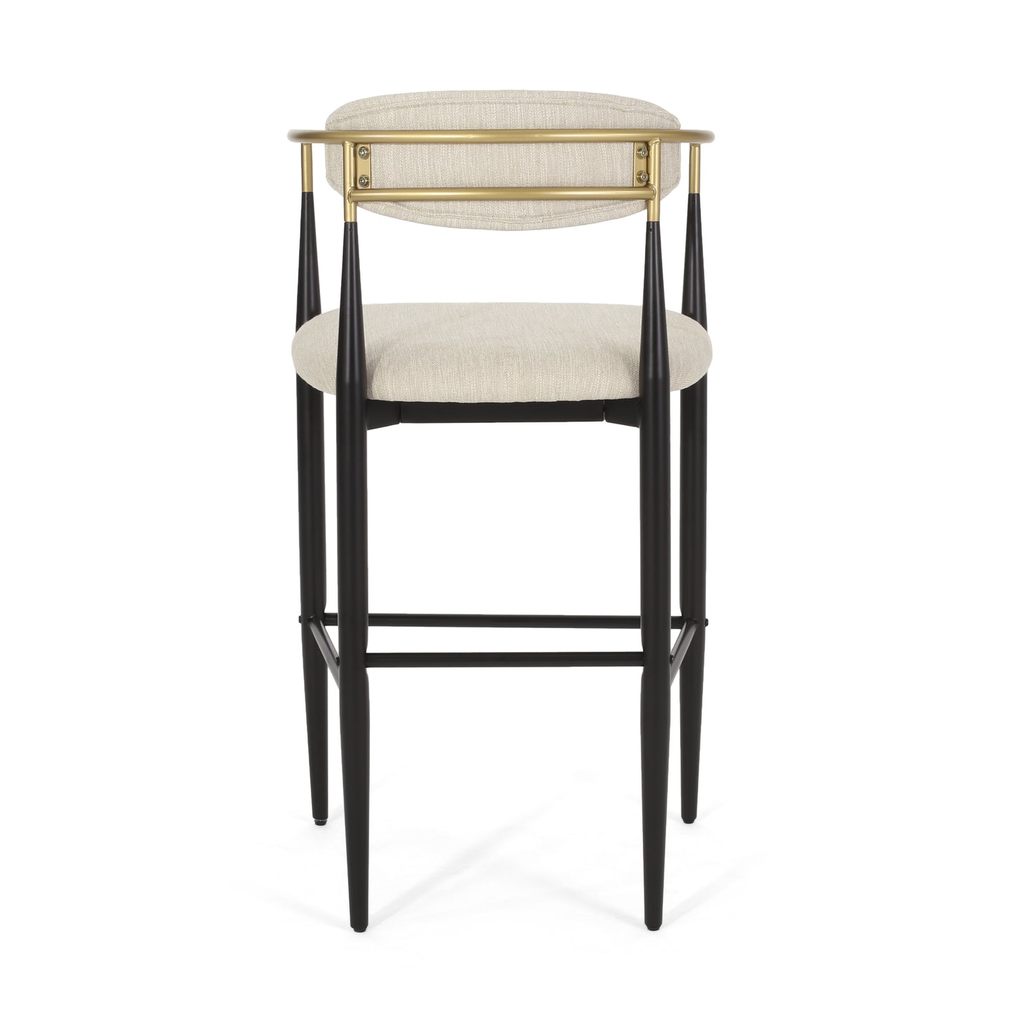Modern beige upholstered bar stool with black legs and gold metal accents, FredCo International
