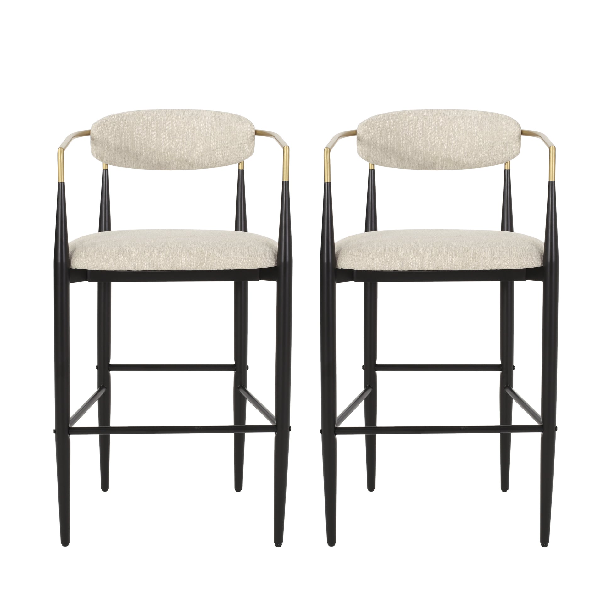 Pair of modern beige upholstered bar stools with black metal frames and gold accents