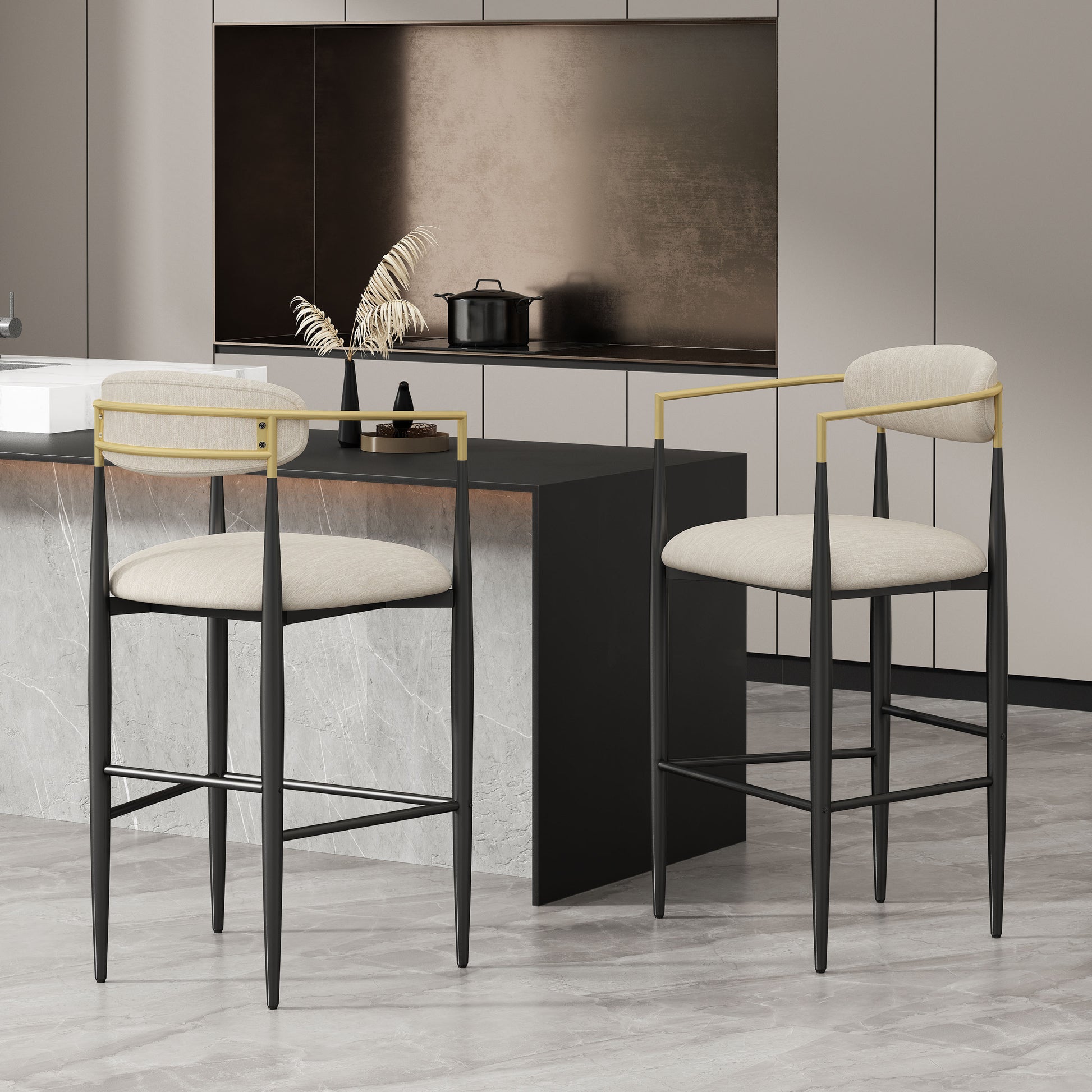 Modern beige upholstered bar stools with black and gold metal frames in a sleek kitchen setting