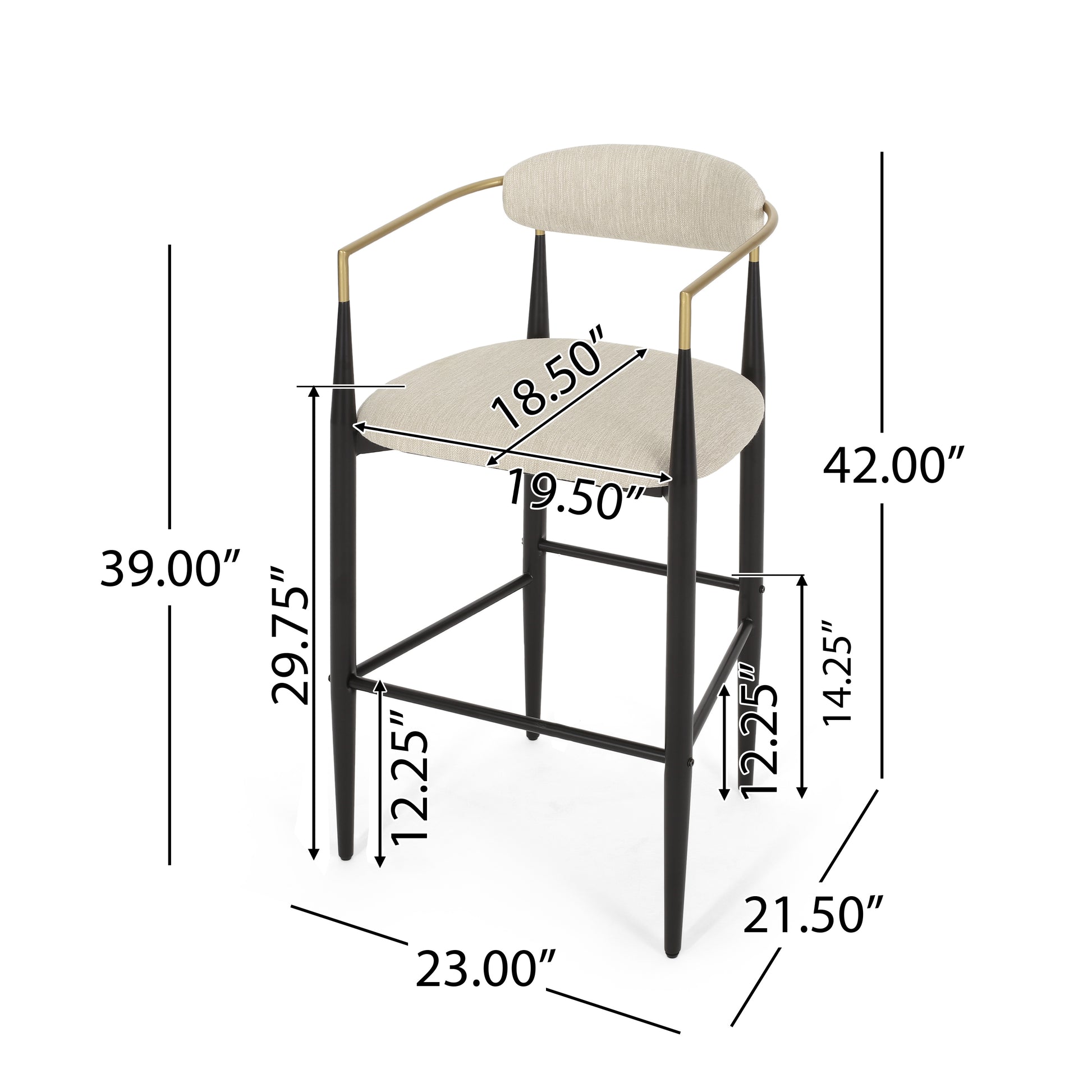 Modern beige upholstered bar stool with black metal frame and detailed measurements, FredCo International furniture