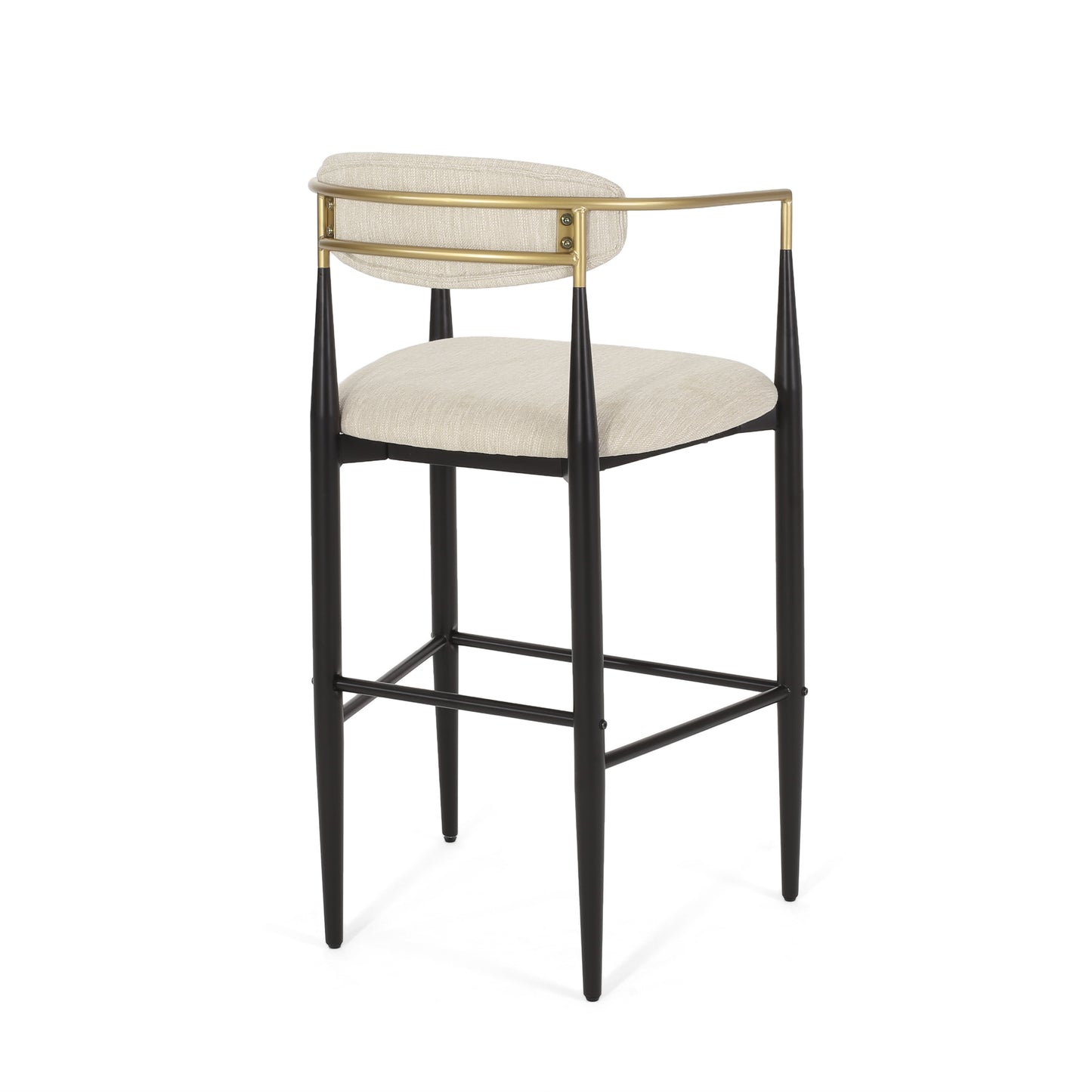 Modern bar stool with cream upholstered seat, black legs, and gold metal frame