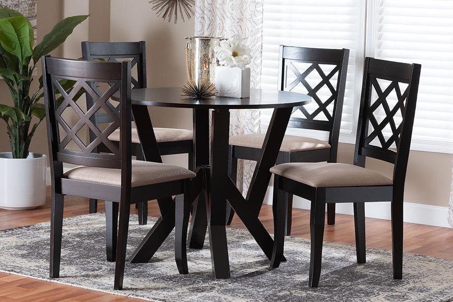 Baxton Studio Adina Modern Sand Fabric and Dark Brown Wood 5-Piece Dining Set FredCo