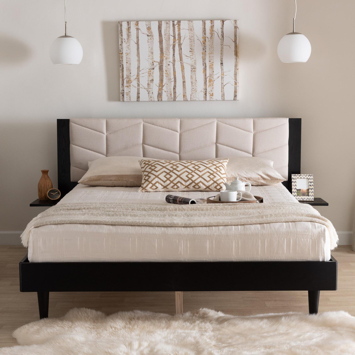 Baxton Studio Adriano Transitional Beige Fabric and Black Wood Queen Size Bed with Built-In Side Tables FredCo