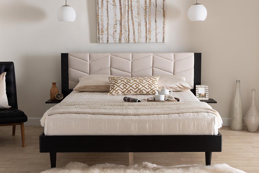 Baxton Studio Adriano Transitional Beige Fabric and Black Wood Queen Size Bed with Built-In Side Tables FredCo