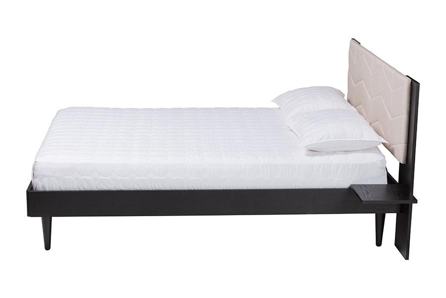Baxton Studio Adriano Transitional Beige Fabric and Black Wood Queen Size Bed with Built-In Side Tables FredCo