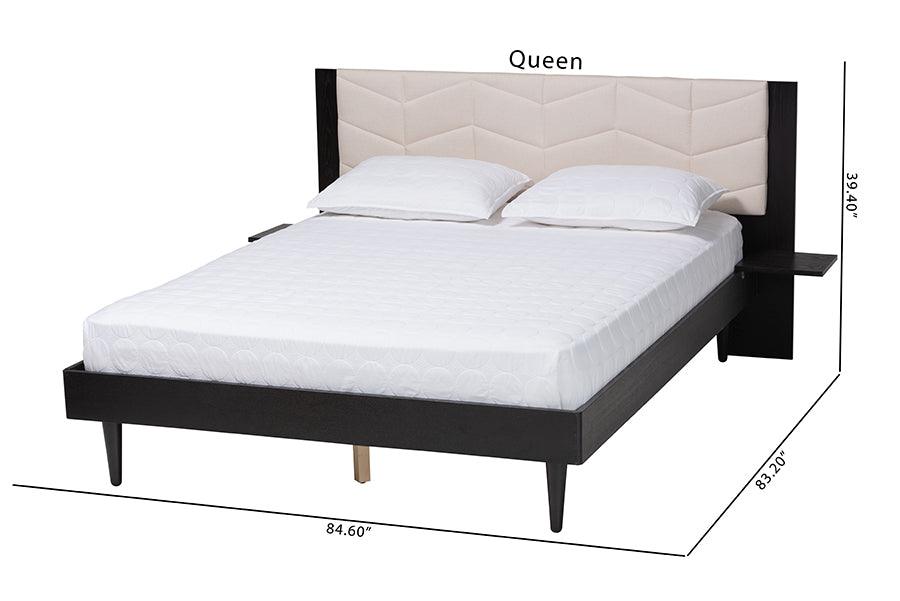 Baxton Studio Adriano Transitional Beige Fabric and Black Wood Queen Size Bed with Built-In Side Tables FredCo