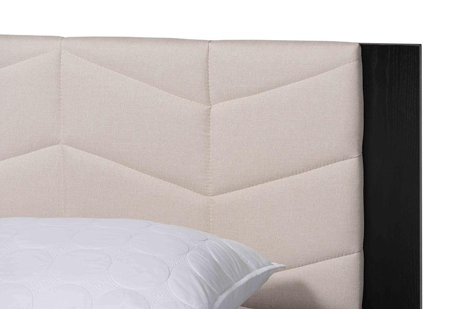 Baxton Studio Adriano Transitional Beige Fabric and Black Wood Queen Size Bed with Built-In Side Tables FredCo