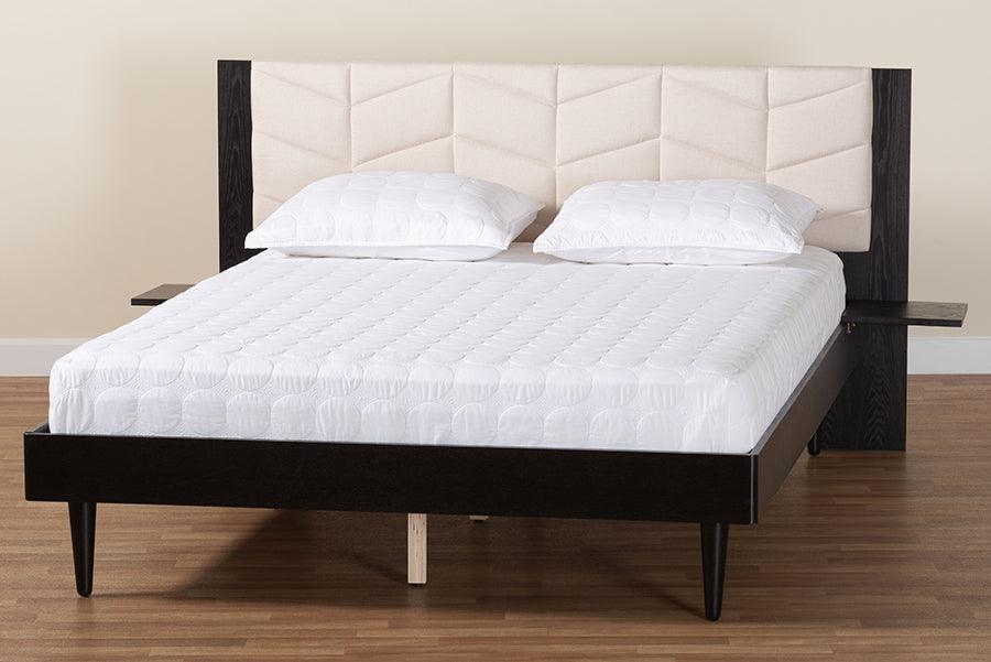 Baxton Studio Adriano Transitional Beige Fabric and Black Wood Queen Size Bed with Built-In Side Tables FredCo