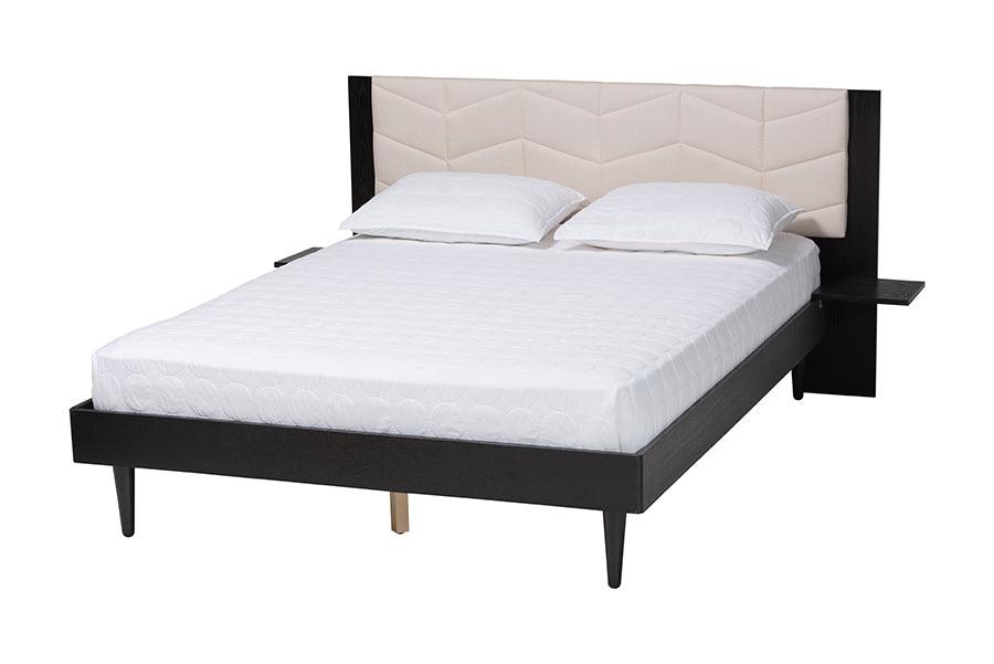Baxton Studio Adriano Transitional Beige Fabric and Black Wood Queen Size Bed with Built-In Side Tables FredCo