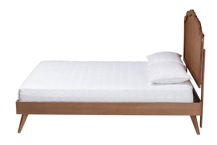Baxton Studio Aithan Mid-Century Walnut Brown Wood and Rattan King Size Platform Bed FredCo
