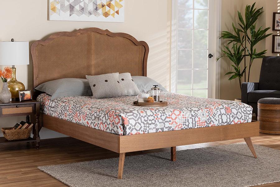 Baxton Studio Aithan Mid-Century Walnut Brown Wood and Rattan King Size Platform Bed FredCo