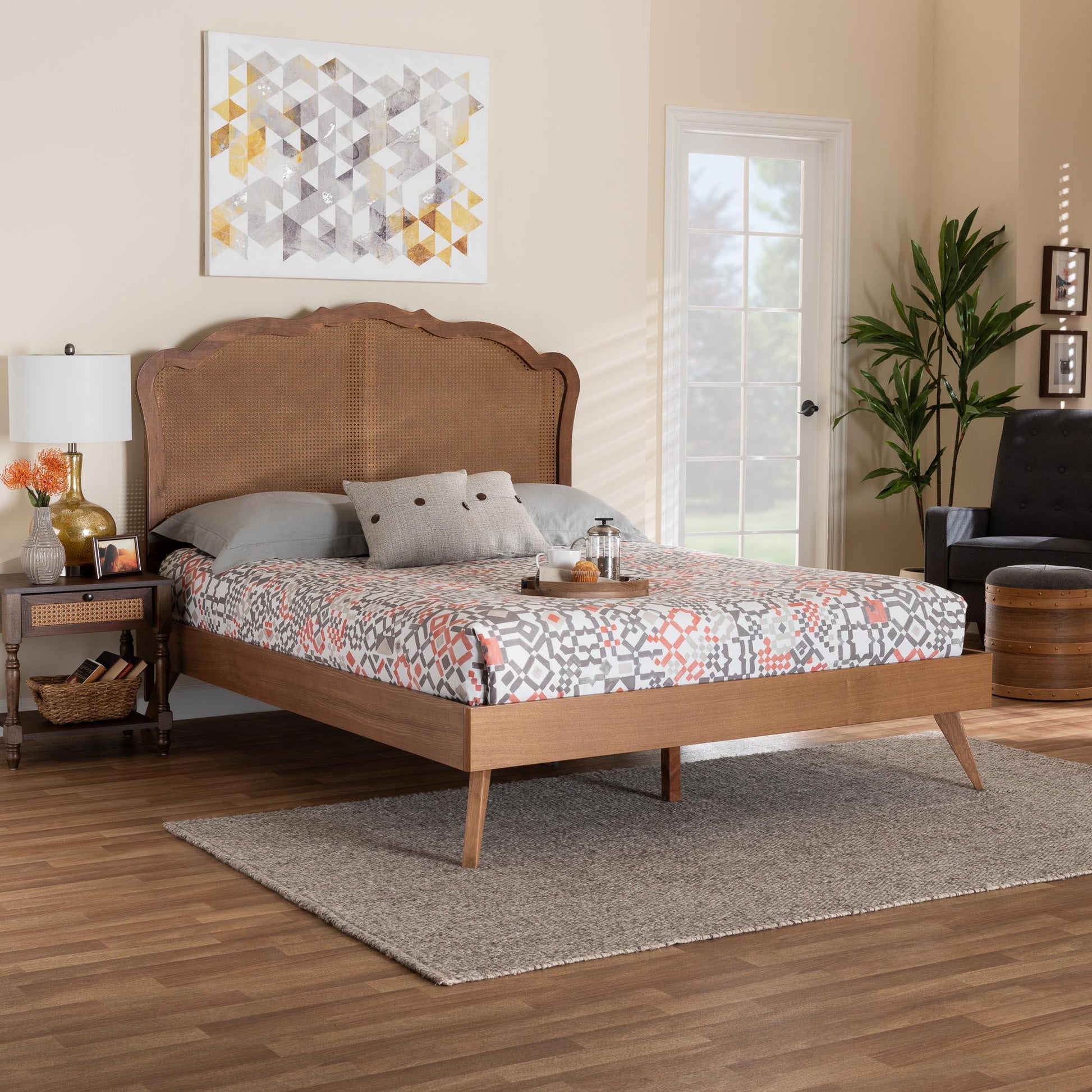 Baxton Studio Aithan Mid-Century Walnut Brown Wood and Rattan King Size Platform Bed FredCo