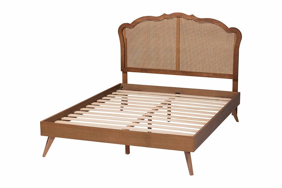 Baxton Studio Aithan Mid-Century Walnut Brown Wood and Rattan King Size Platform Bed FredCo