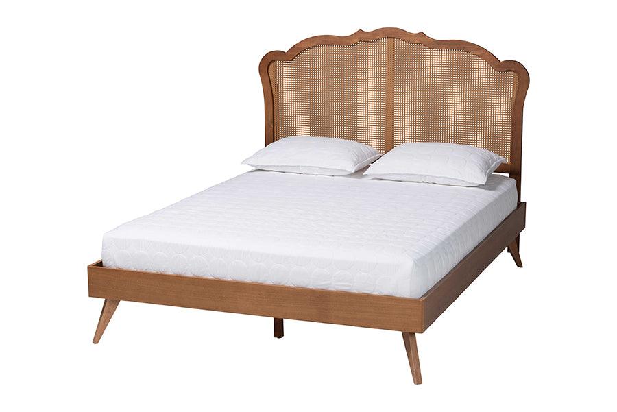 Baxton Studio Aithan Mid-Century Walnut Brown Wood and Rattan King Size Platform Bed FredCo