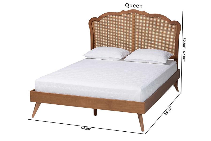 Baxton Studio Aithan Mid-Century Walnut Brown Wood and Rattan King Size Platform Bed FredCo