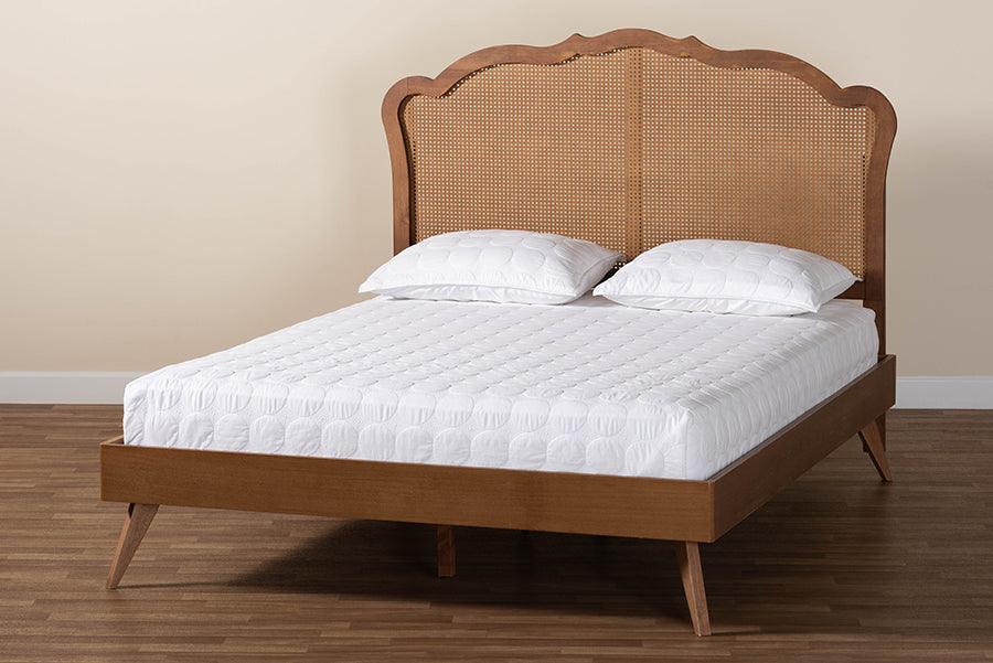 Baxton Studio Aithan Mid-Century Walnut Brown Wood and Rattan King Size Platform Bed FredCo