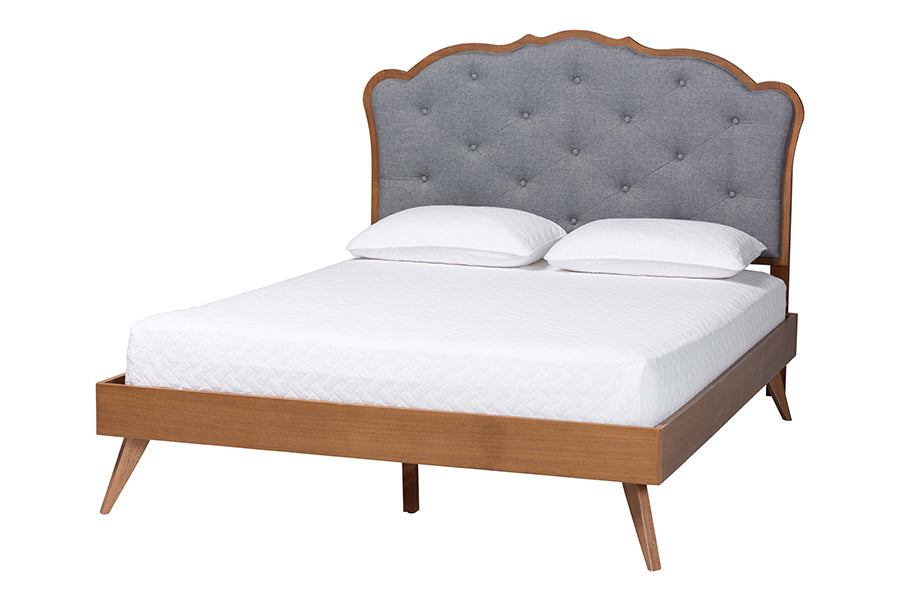 Mid-century modern bed with wood frame and tufted gray upholstered headboard, FredCo International furniture