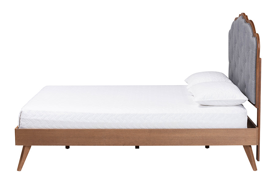 Modern wood bed frame with gray upholstered headboard and white mattress, FredCo International