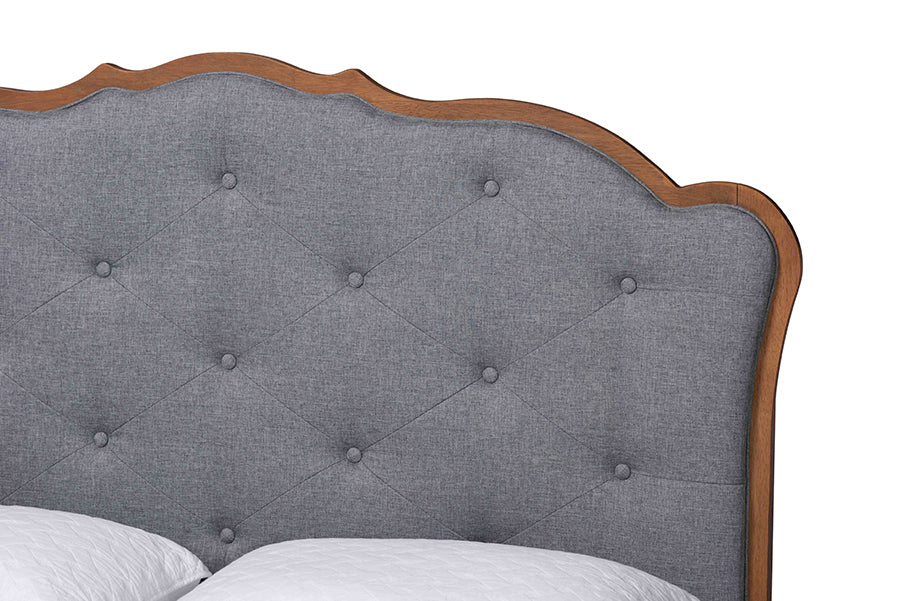 Tufted gray fabric headboard with wood trim, elegant bedroom furniture from FredCo International