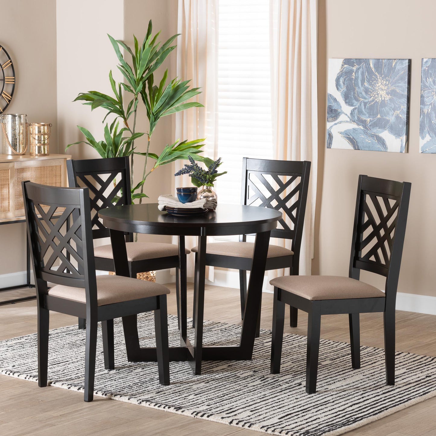 Baxton Studio Alena Modern Sand Fabric and Dark Brown Finished Wood 5-Piece Dining Set FredCo