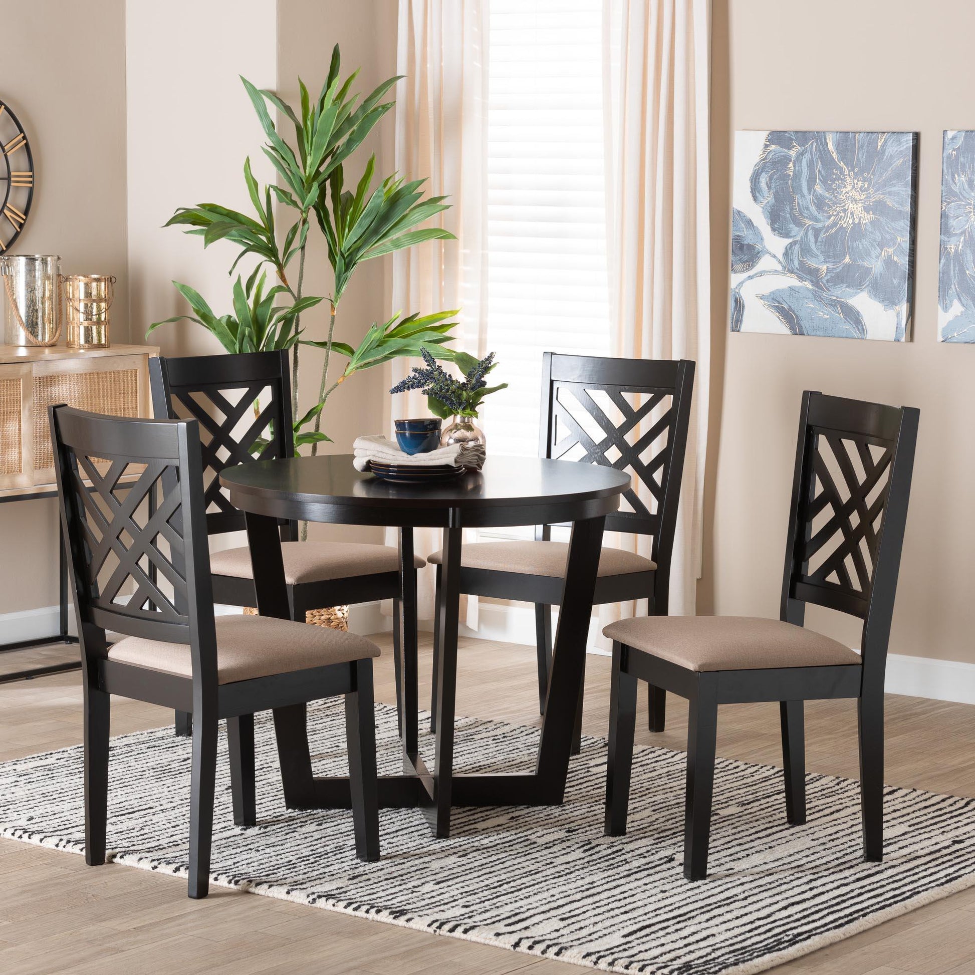 Baxton Studio Alena Modern Sand Fabric and Dark Brown Finished Wood 5-Piece Dining Set FredCo
